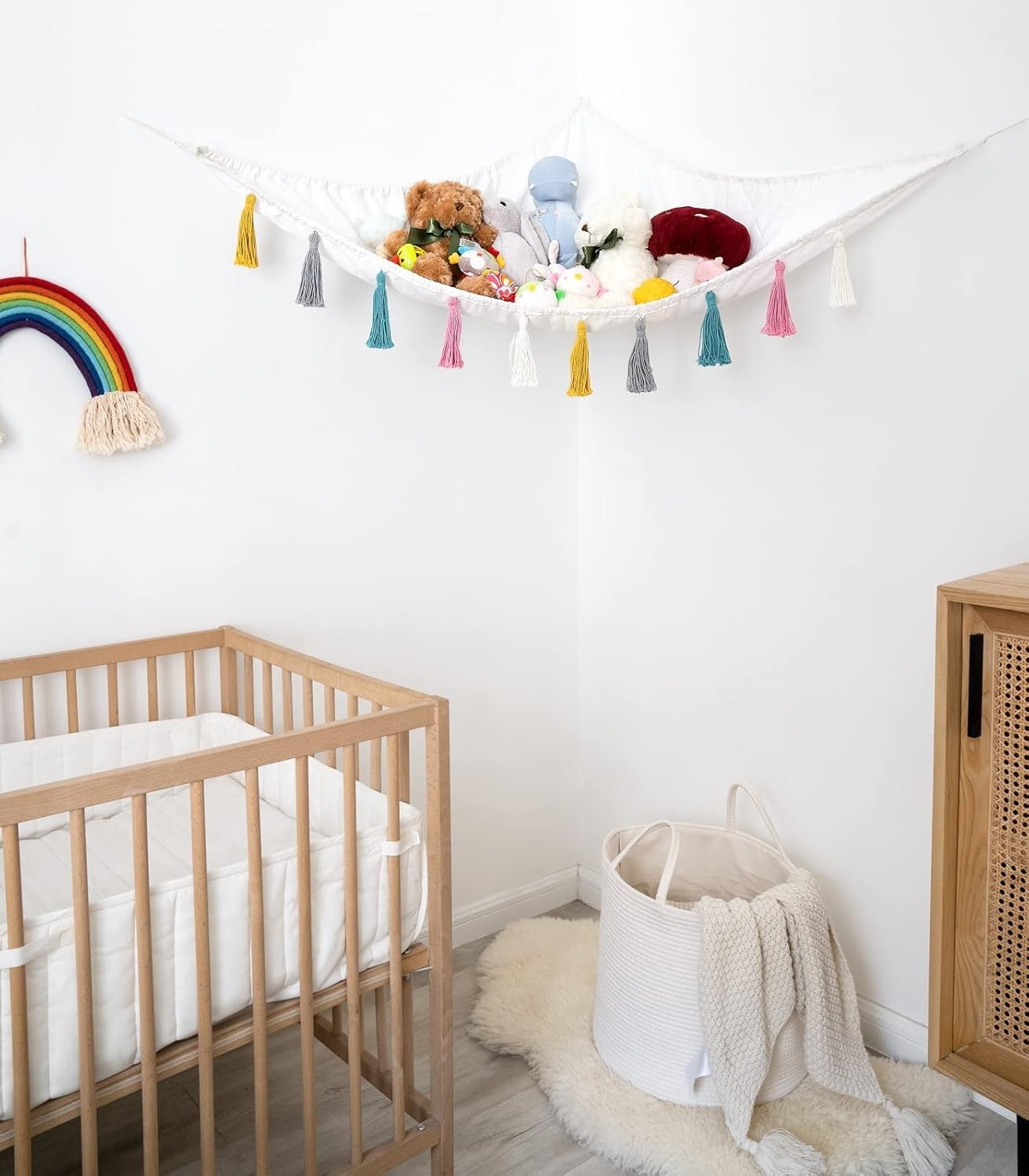 Large Toy Hammock with Tassels – Corner Stuffed Animal Storage Net for Kids Room
