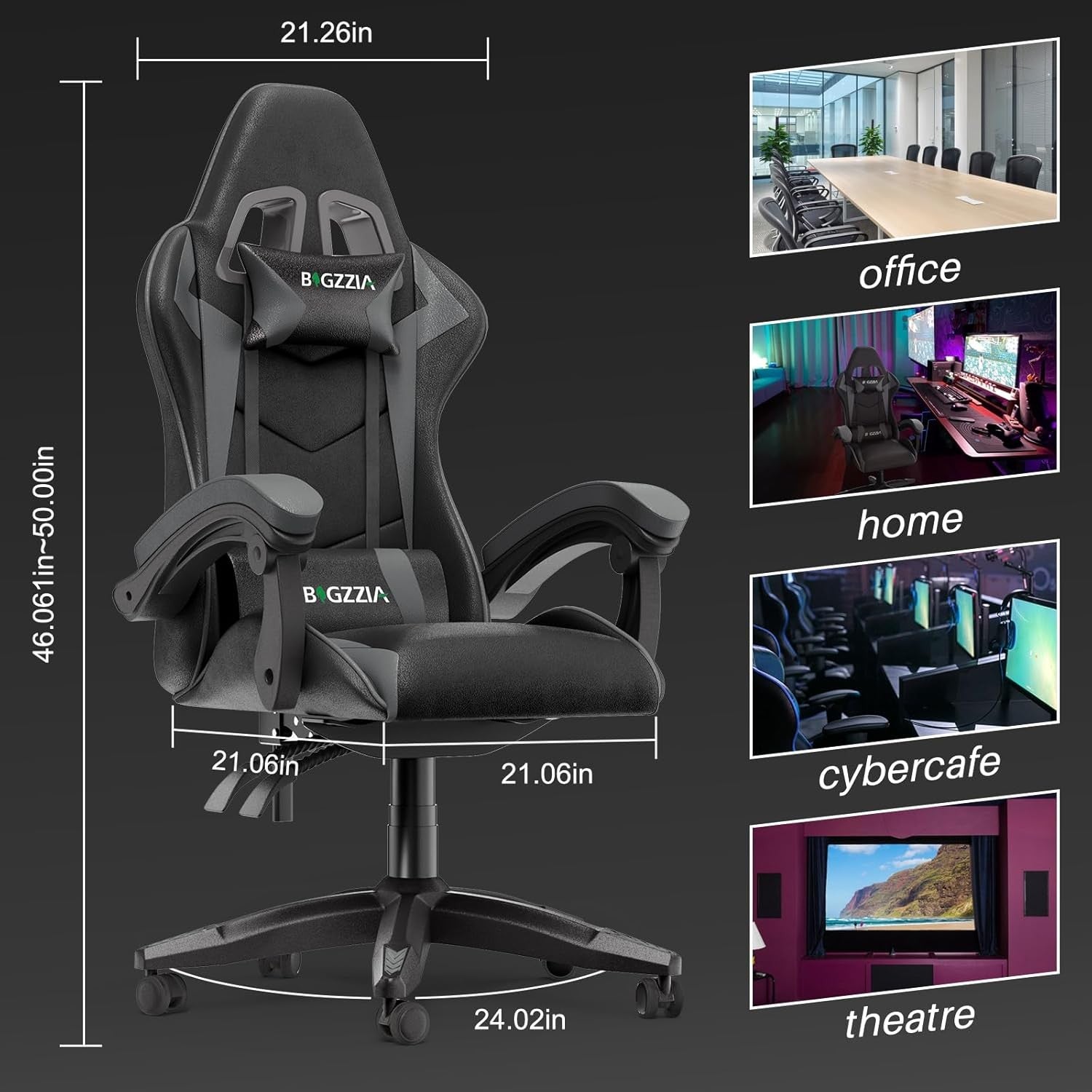 Ergonomic Gaming Chair Grey Reclining 155° Office Desk Chair