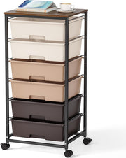 6 Drawer Rolling Storage Cart Utility Trolley with Wooden Top Brown