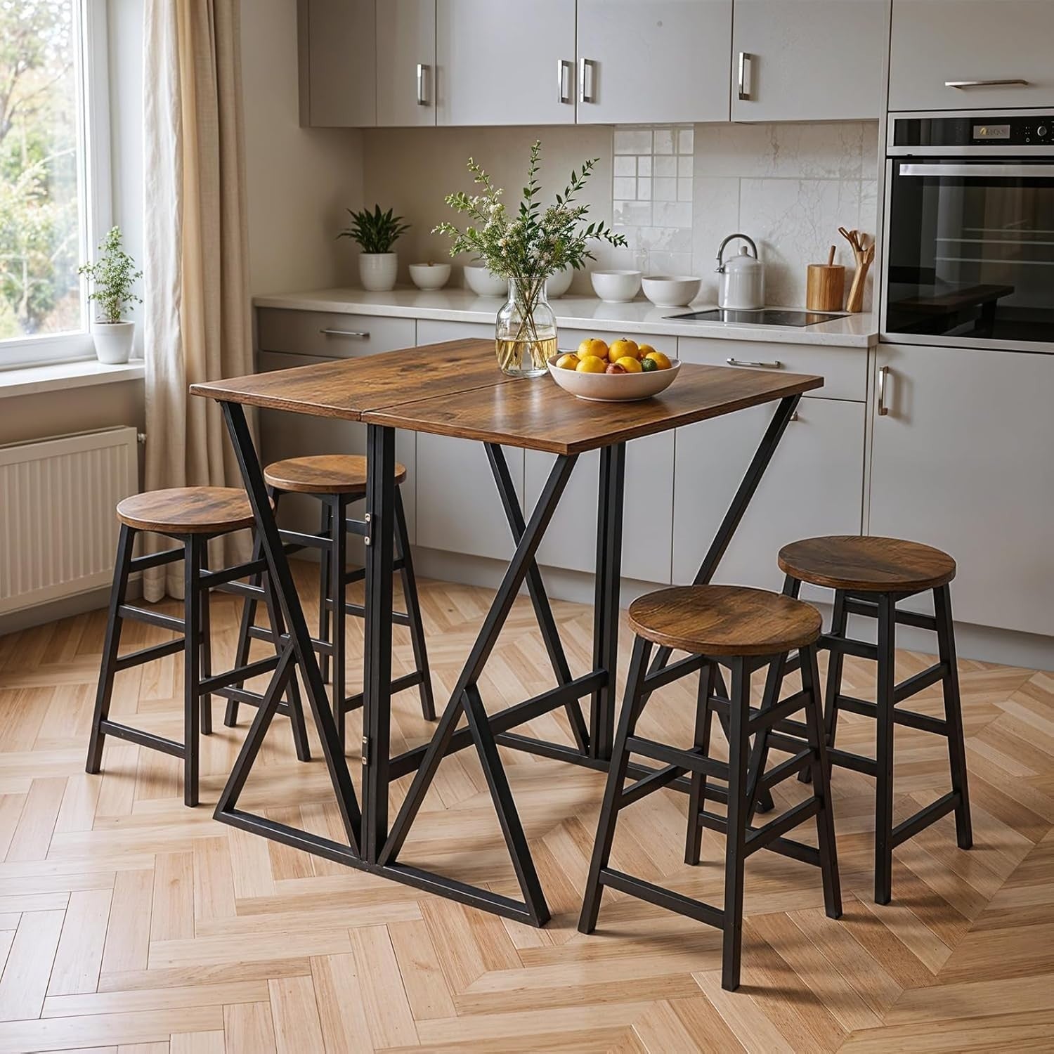5-Piece Folding Breakfast Bar Table & 4 Stools Set – Vintage Brown Compact