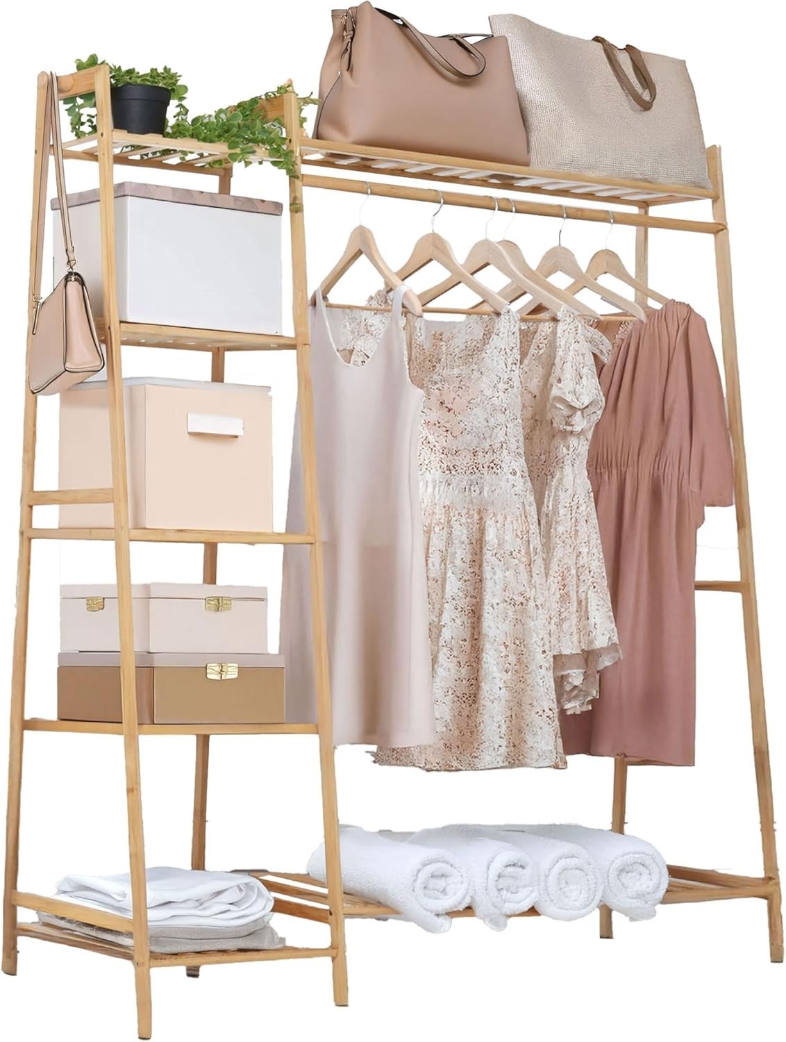 Natural Bamboo Clothes Rack with Shelves & Side Hooks – Wood