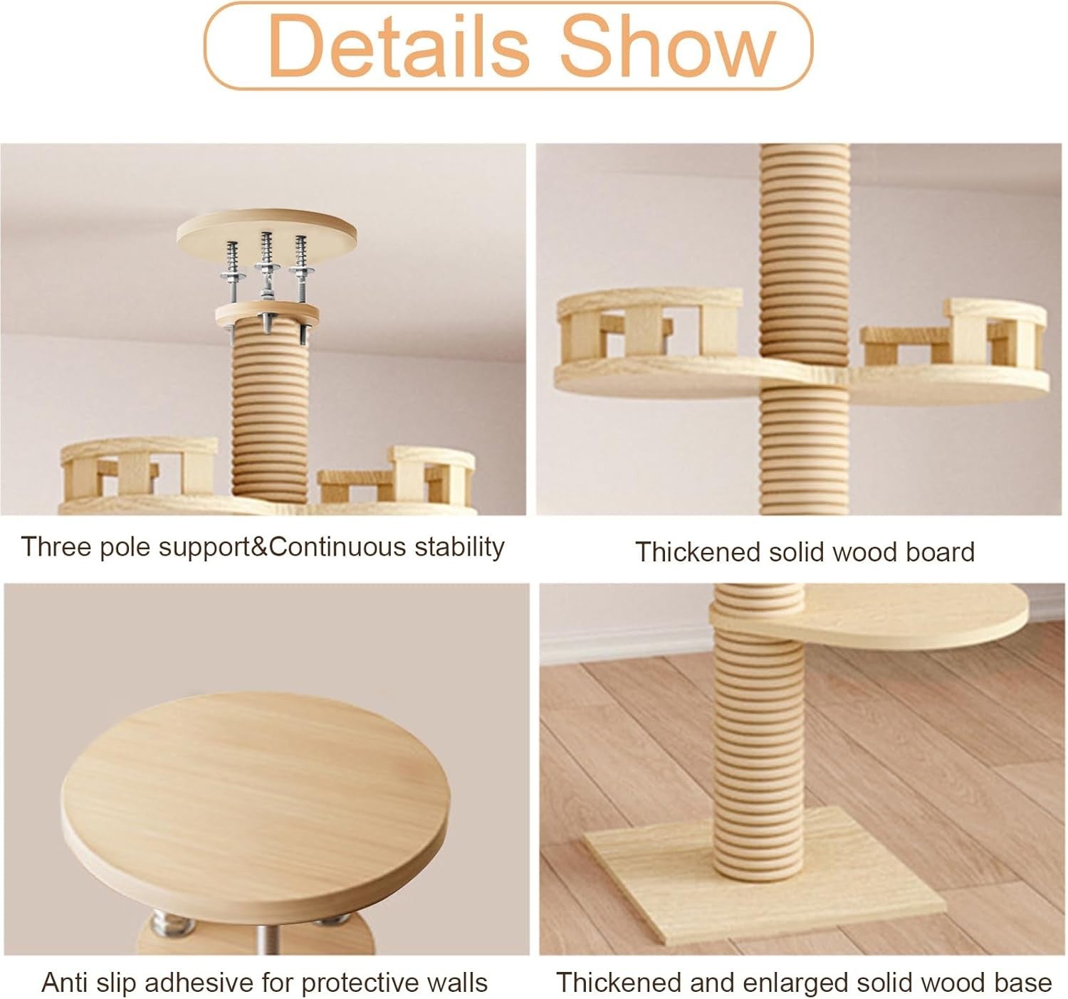 Beige Floor to Ceiling Cat Tree Adjustable Tower 6 Tier Scratching Post