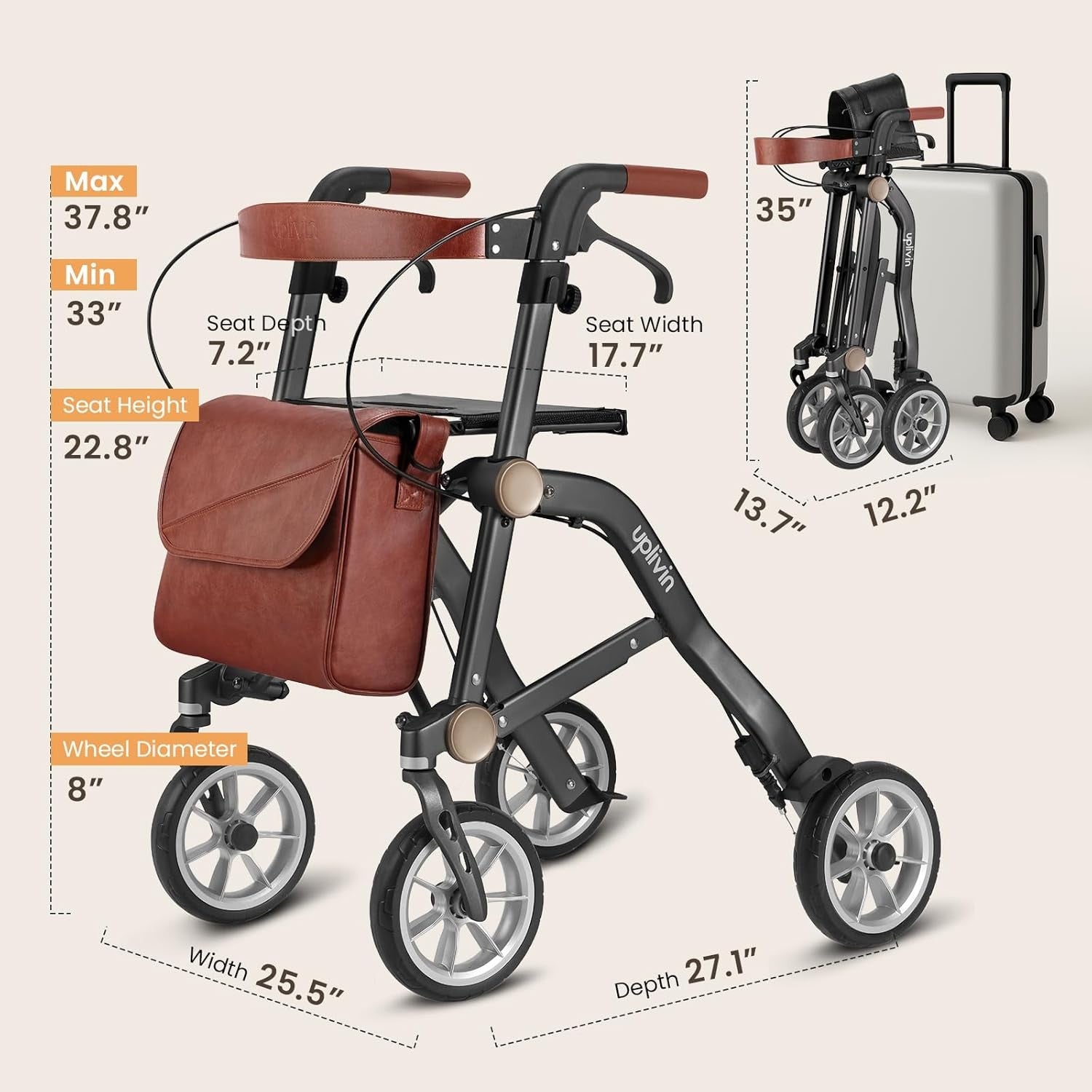Luxury Lightweight Rollator Walker with Seat 4 Wheel Dual Folding Aluminium