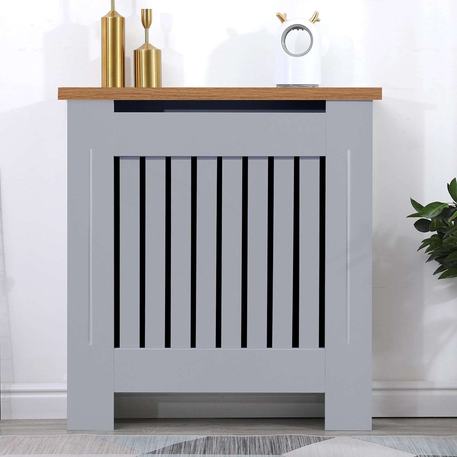 Small Grey Radiator Cover | Vertical Slatted MDF Cabinet