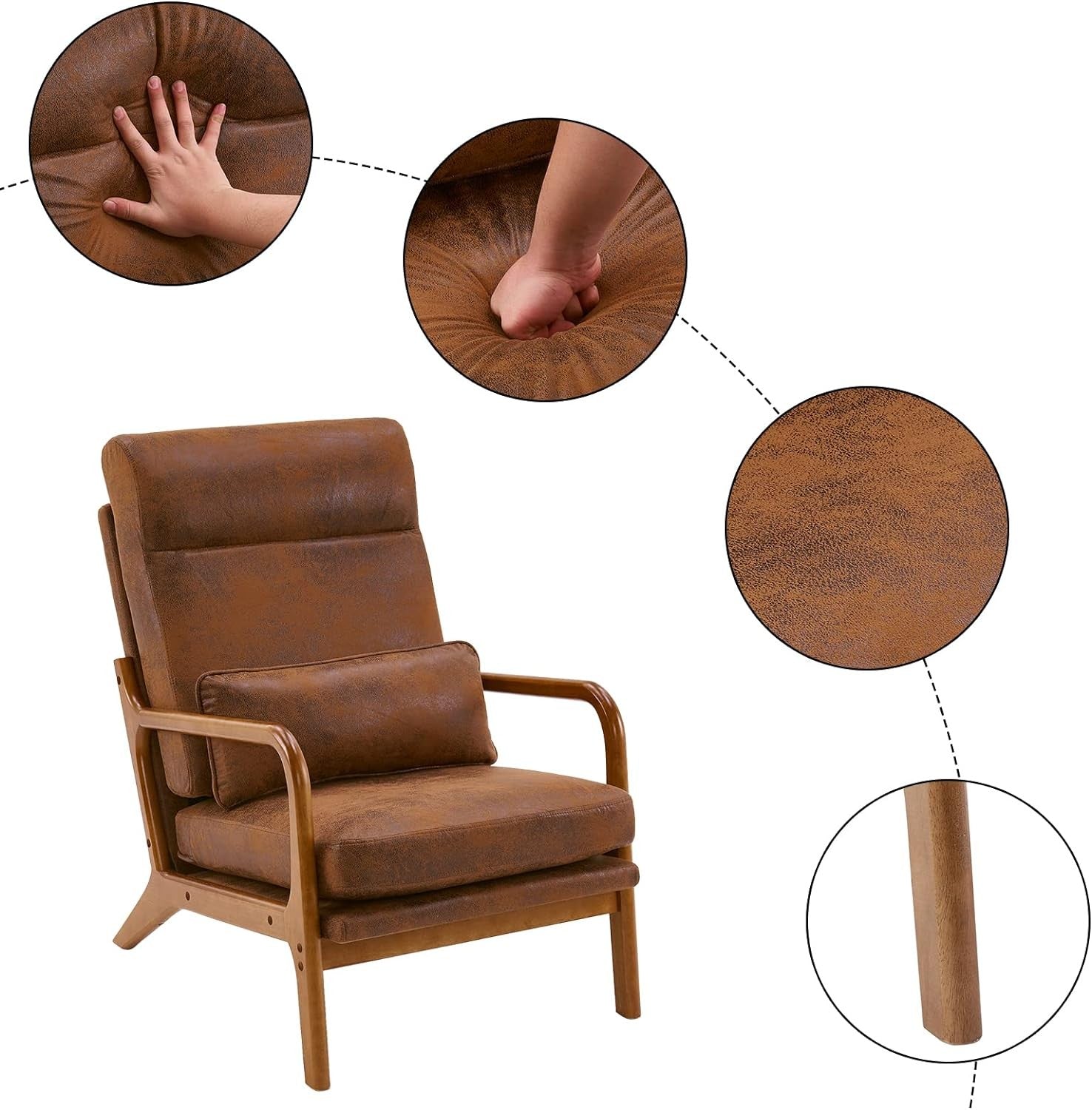 Mid Century High Back Accent Chair Brown Upholstered Armchair