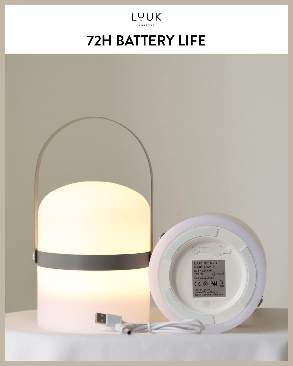 LED Lantern, Portable & Rechargeable, 26.5CM, Grey,