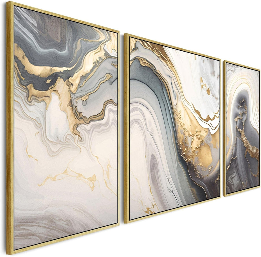 3Pcs Large Grey & Gold Abstract Wall Art – Modern Framed Canvas 212cm