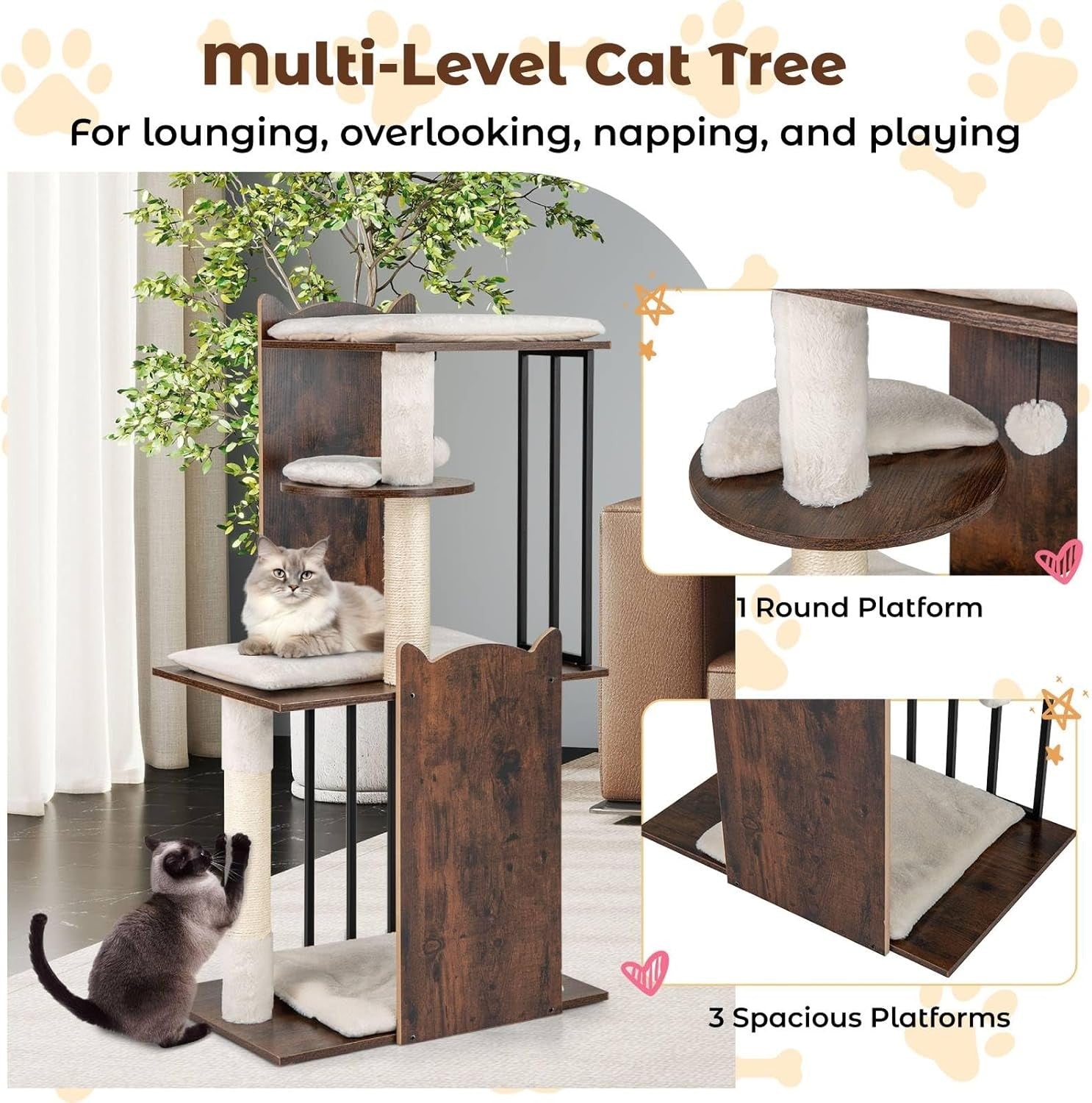 Modern Cat Tree Tower 112cm Multi Level Wooden Scratching Post Play Centre