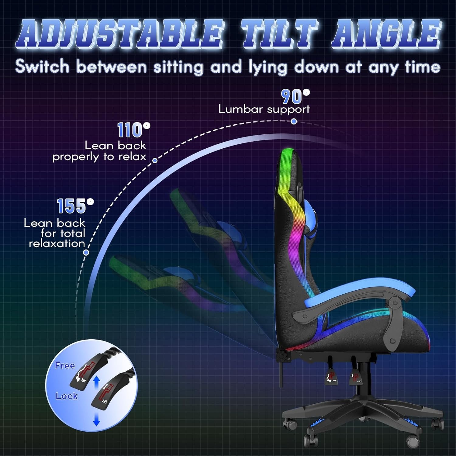RGB LED Gaming Chair Reclining PU Leather Ergonomic Blue