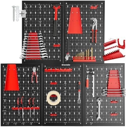 Wall-Mount Pegboard Kit 5PCS Alloy Steel Red w/ Hooks & Holders 120x60cm