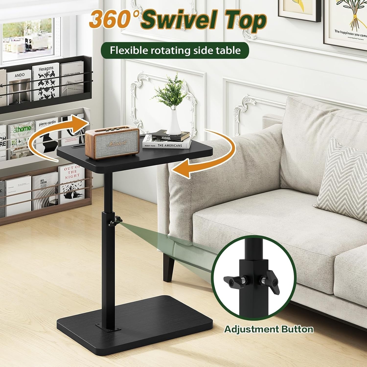 Height Adjustable C Table with 360° Swivel, Space-Saving Side End Table