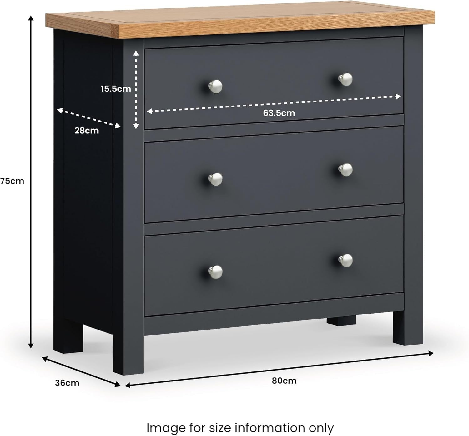 Charcoal 3 Drawer Chest Solid Wood Oak Top Small Bedroom Storage Unit