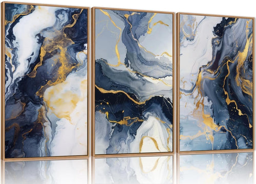 Blue Gold Abstract Framed Canvas Wall Art Set of 3 Modern Luxury Prints