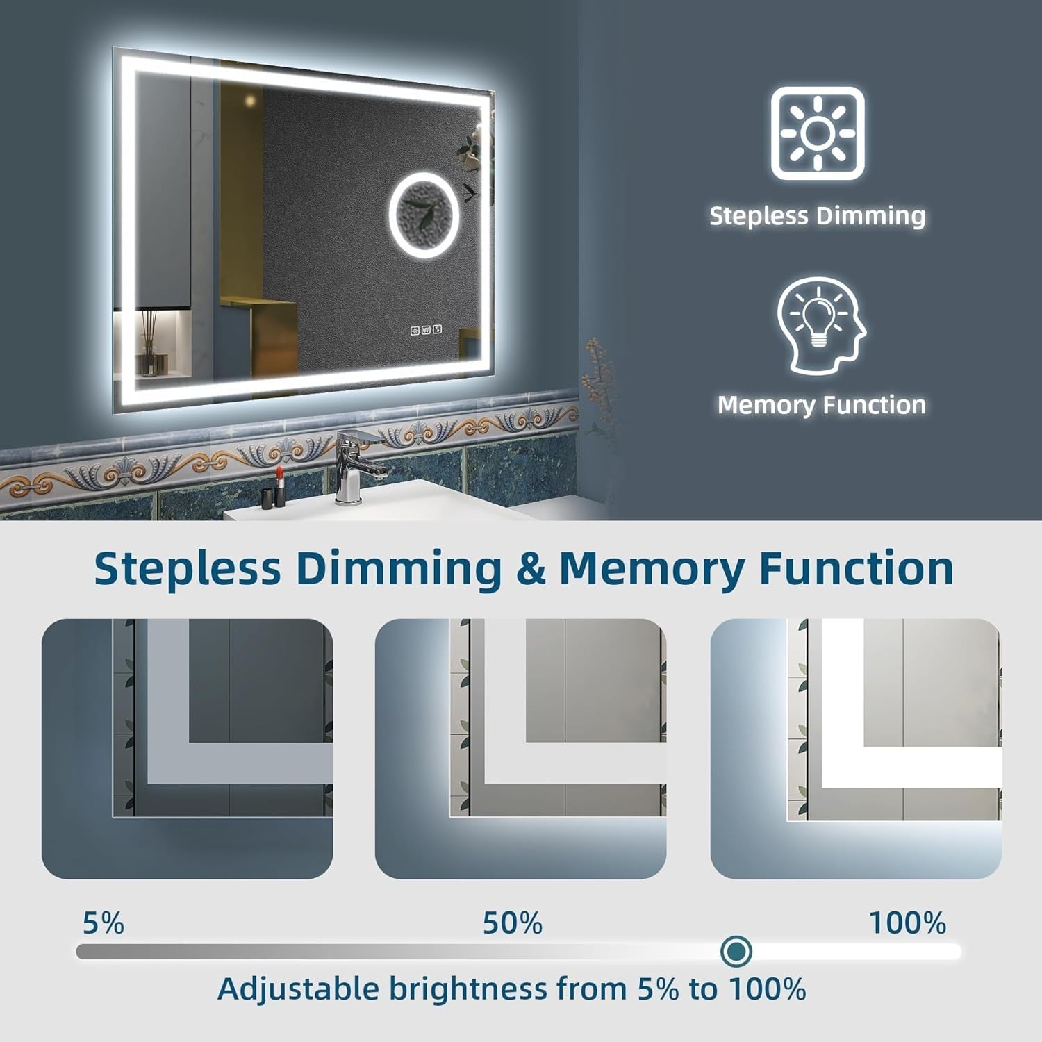 LED Bathroom Mirror 60x80 cm with Bluetooth, 5x Magnifier, Anti-Fog, Dimmable