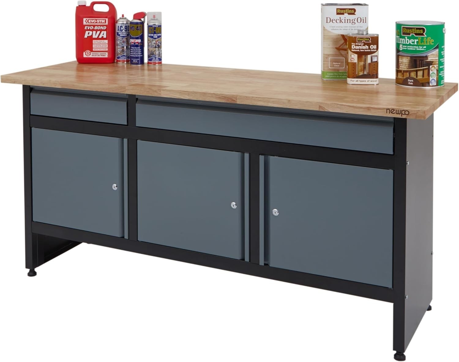 1709mm Garage Workbench 2 Drawers + Triple Cupboard 300kg Solid Wood Top