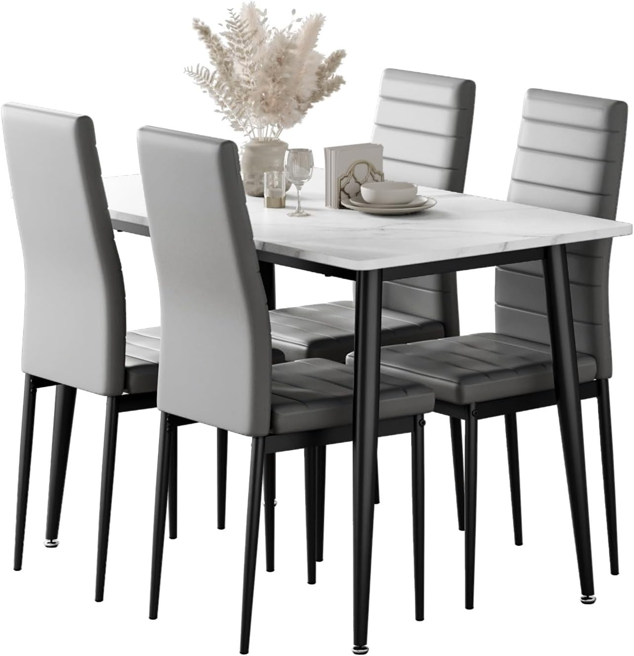120cm Marble Dining Table & 4 Grey Chairs Faux Leather Modern Set