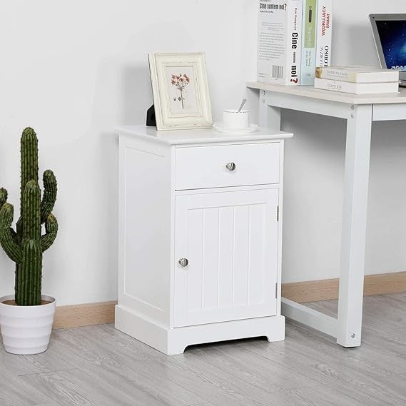 White Bedside Tables Set of 2 | Wooden Nightstands with Drawer & Cupboard