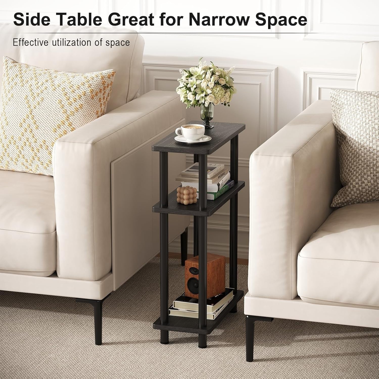 Narrow 3-Tier End Table, Space-Saving Slim Side Table for Bedroom & Living Room