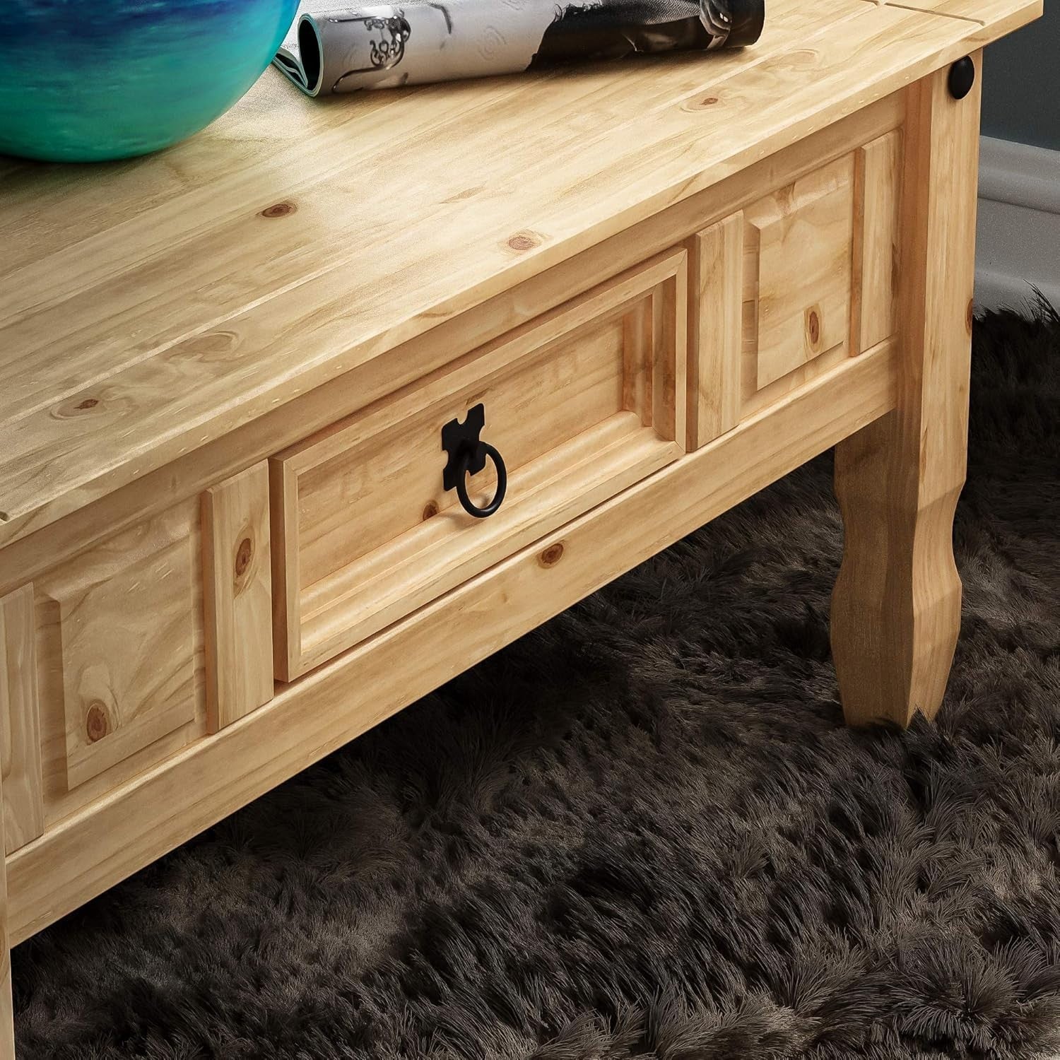 Rustic Solid Pine Coffee Table with Drawer – Distressed Wood, 94cm Wide