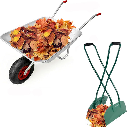 65L Steel Garden Wheelbarrow & Green Silver Cart with Leaf Grabber & 100 kg Load