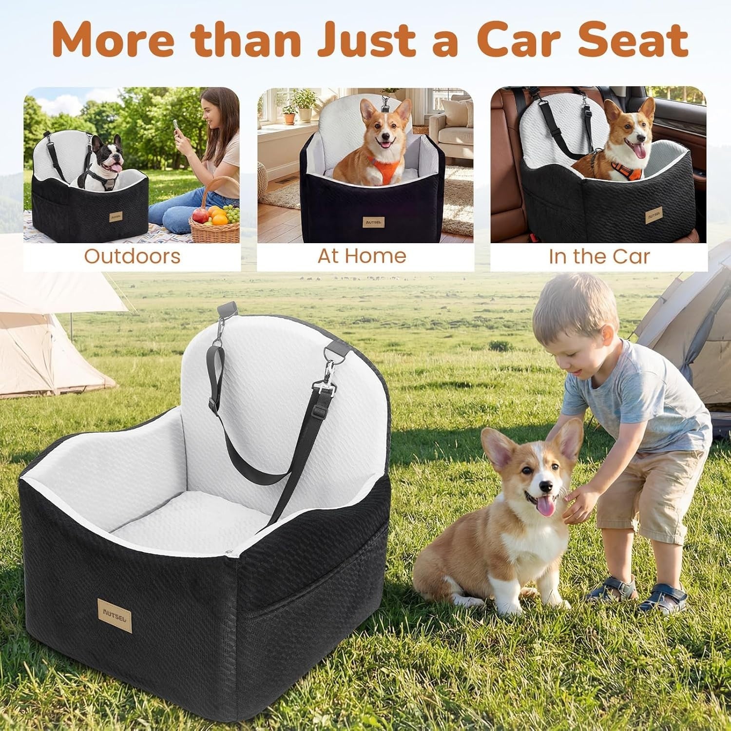 Dog Booster Car Seat Washable Travel Bed Safety Leash 40lb Black Grey