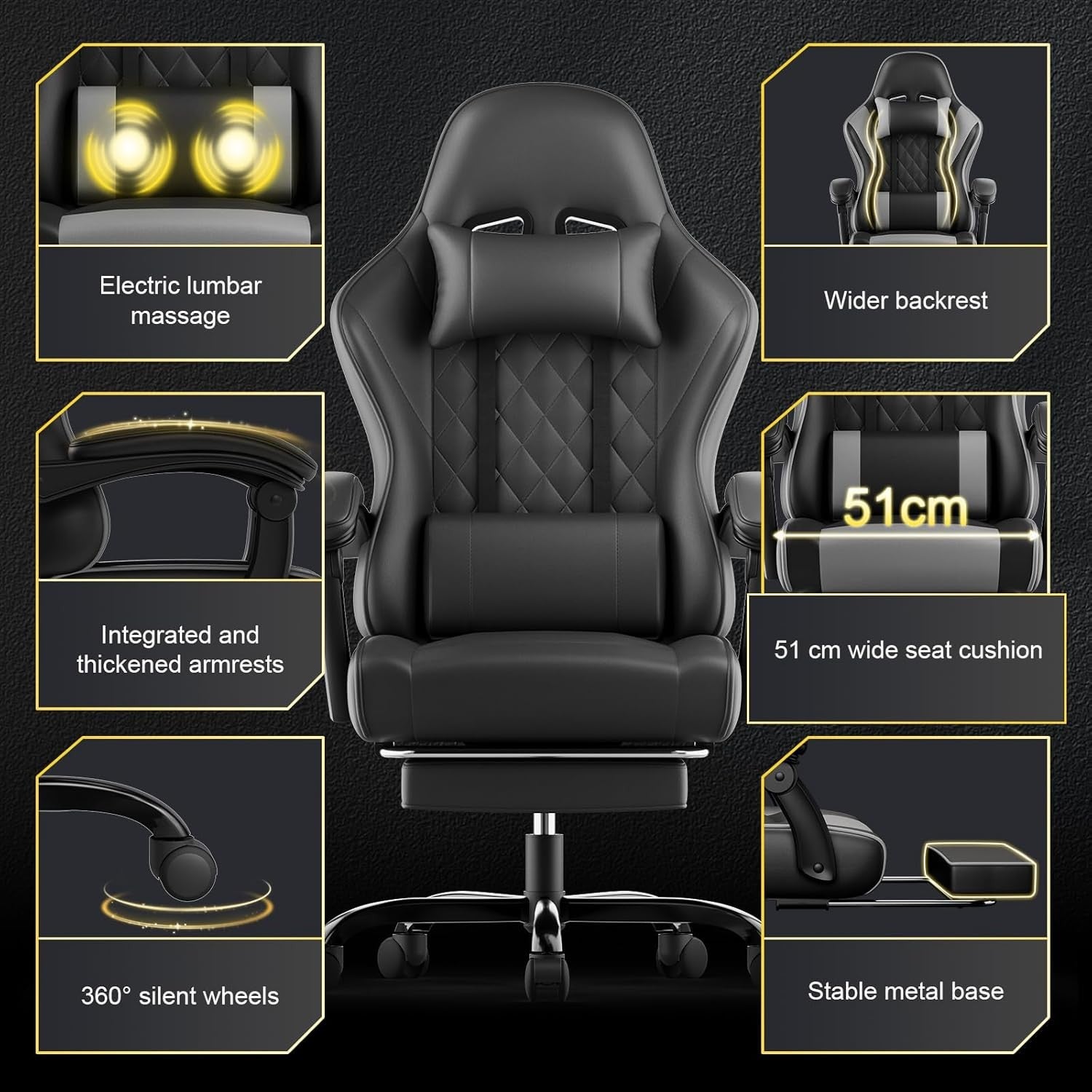 Gaming Chair with Massage Lumbar Recliner Footrest 150kg Grey