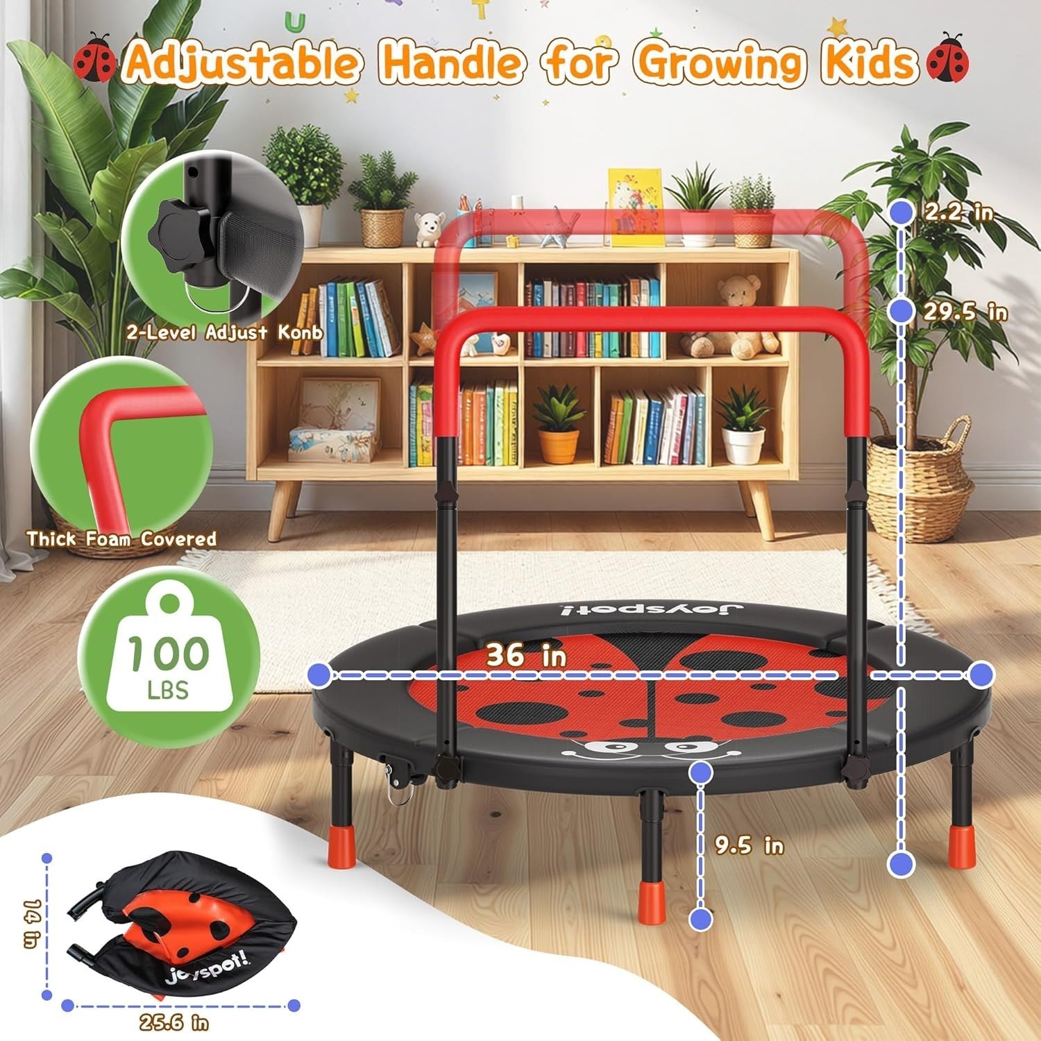 3ft Kids Trampoline Ladybug Foldable Toddler Jumper Handle 100LB
