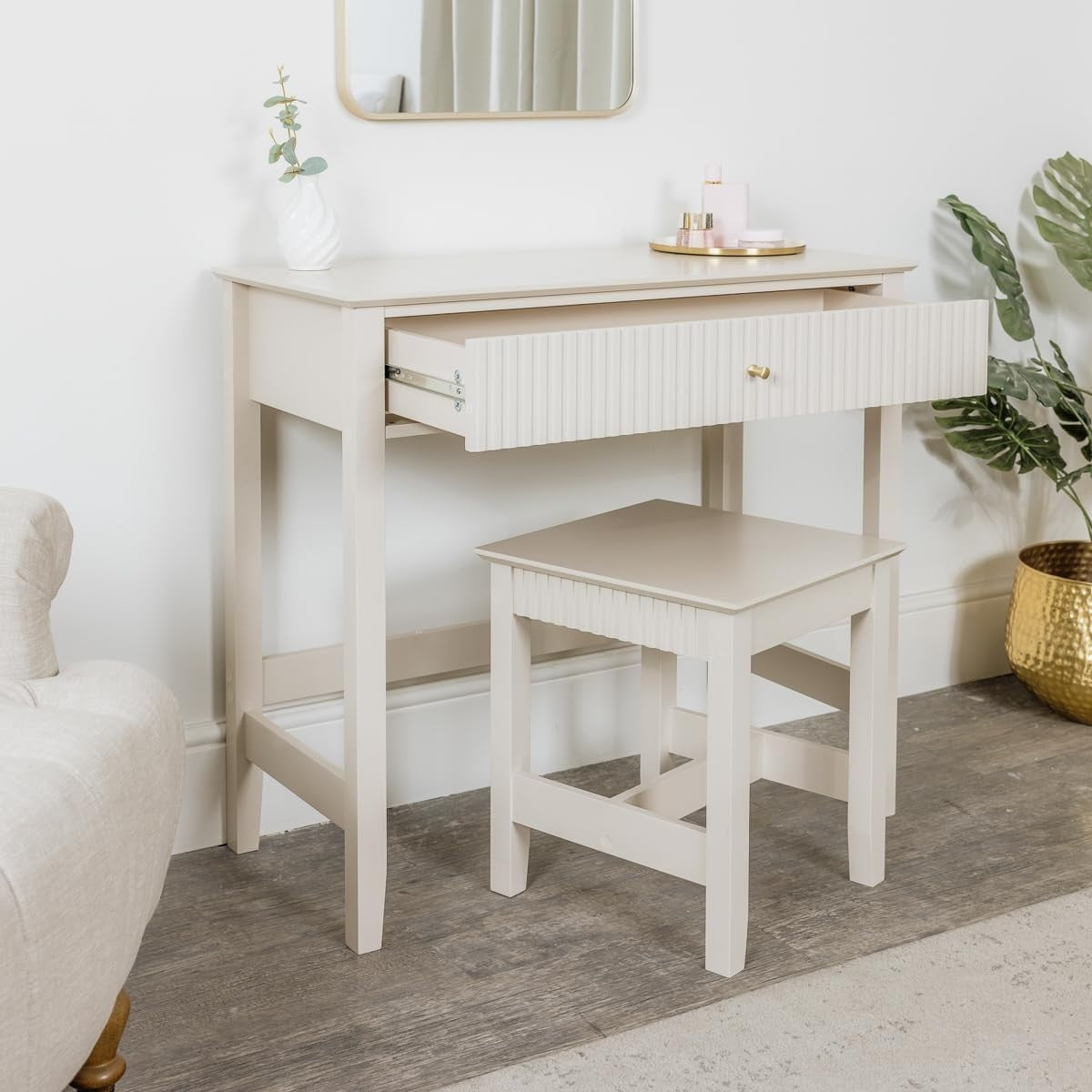 Taupe Grey Console Dressing Table & Stool Set Fluted Drawer Compact Bedroom