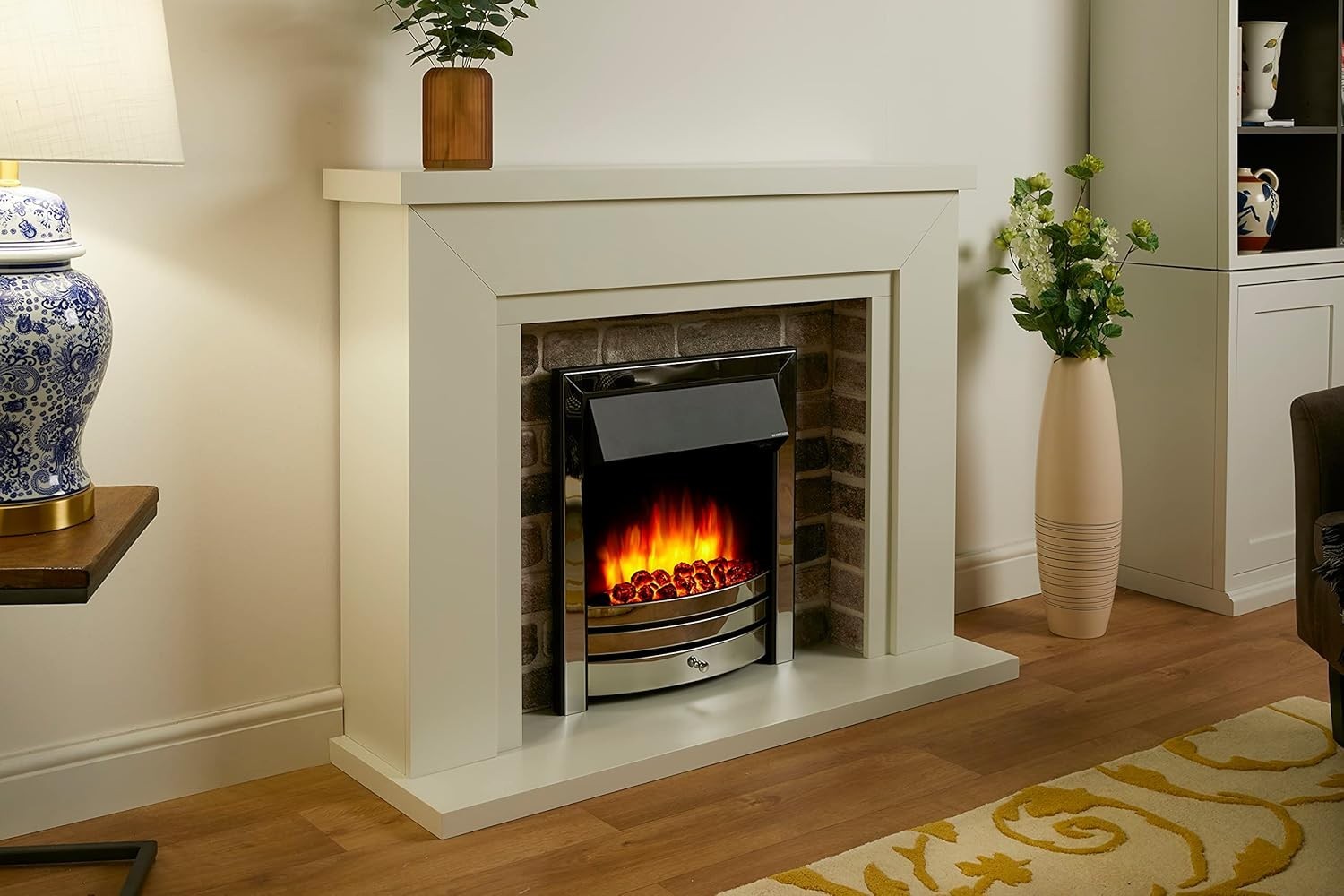 Electric Fireplace Suite 48" Remote LED Fire 1.8kW Heater White Chrome