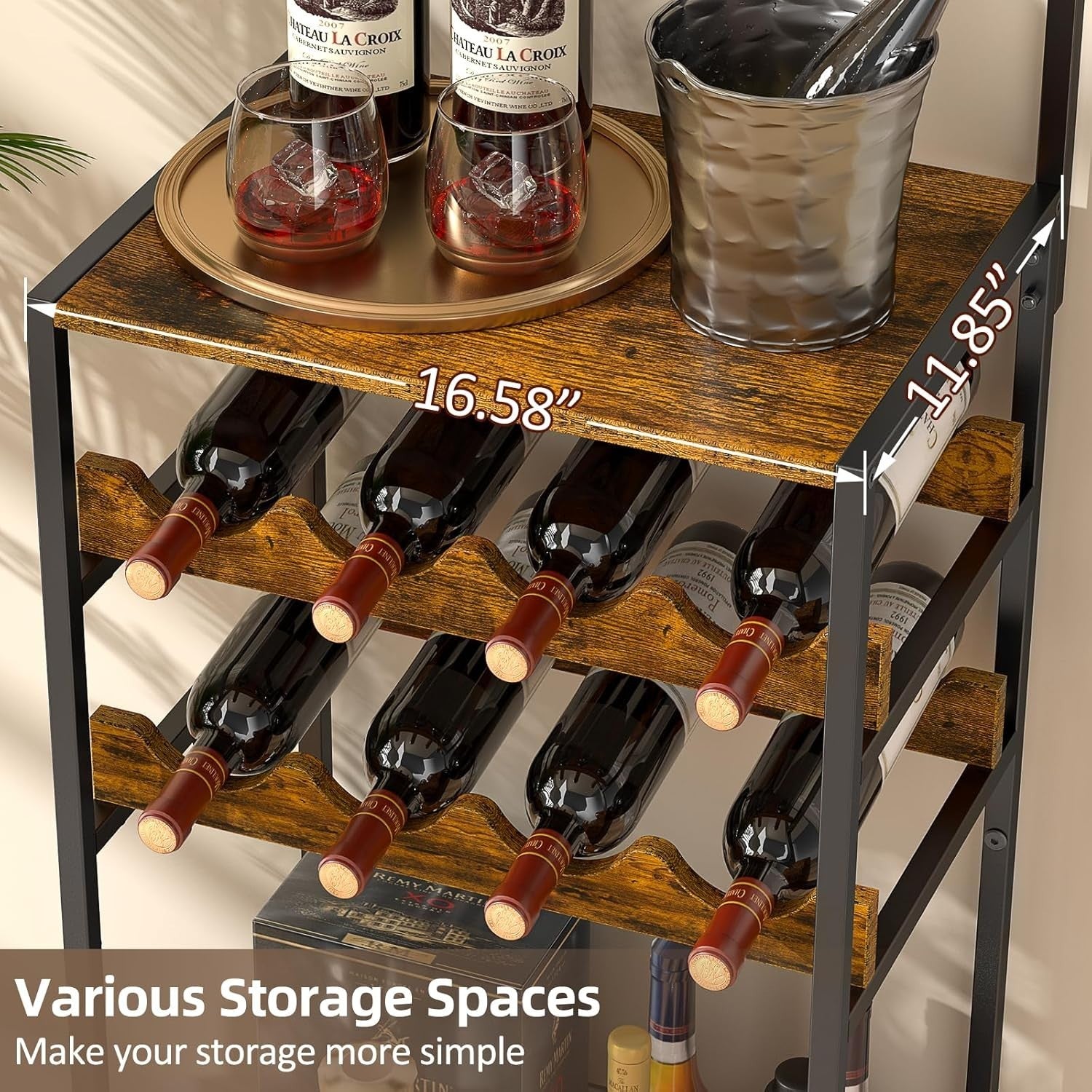 5-Tier Wine Rack with Glass Holder & Hooks, Freestanding Bar Cabinet