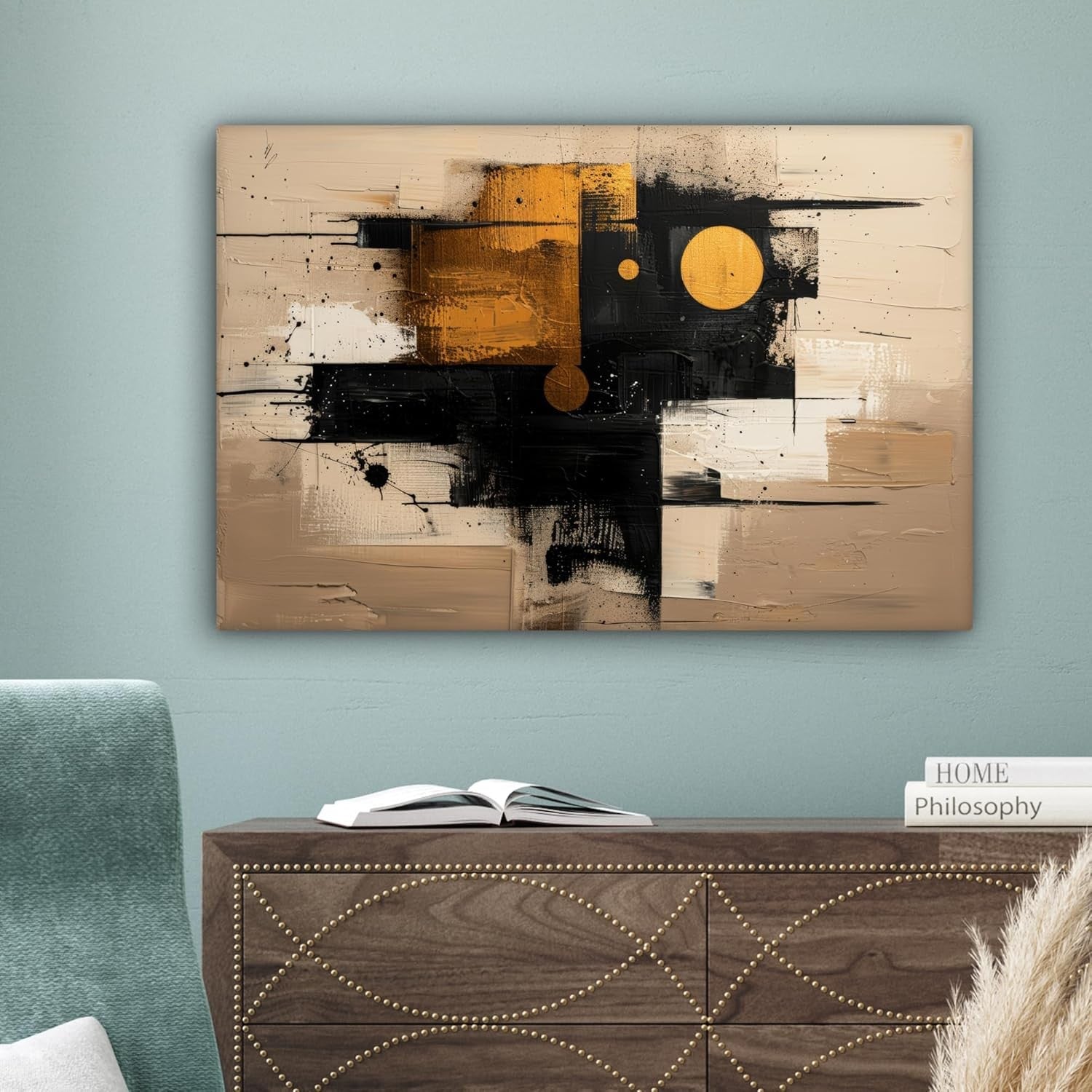 Abstract Canvas Wall Art 60x40cm Framed Beige Gold Modern