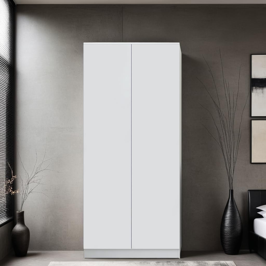 Modern 2 Door White Wardrobe with Soft-Close Hinges & Full Hanging Rail