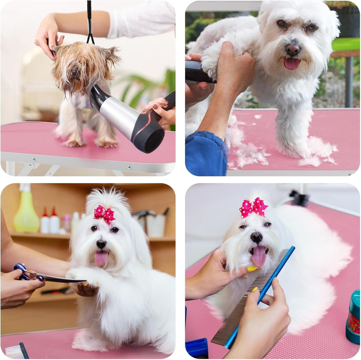 Foldable Dog Grooming Table Adjustable Arm Non Slip Waterproof 100kg Pink