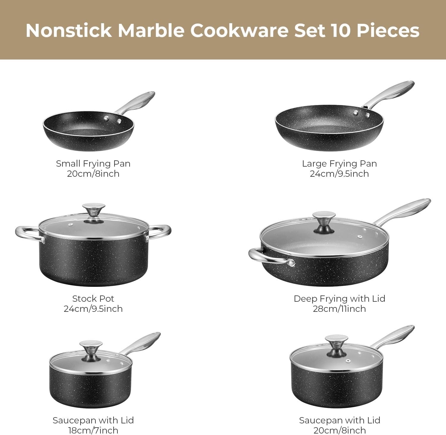 10pcs Black Non-Stick Cookware Set, Induction & Oven Safe Large Capacity Pans