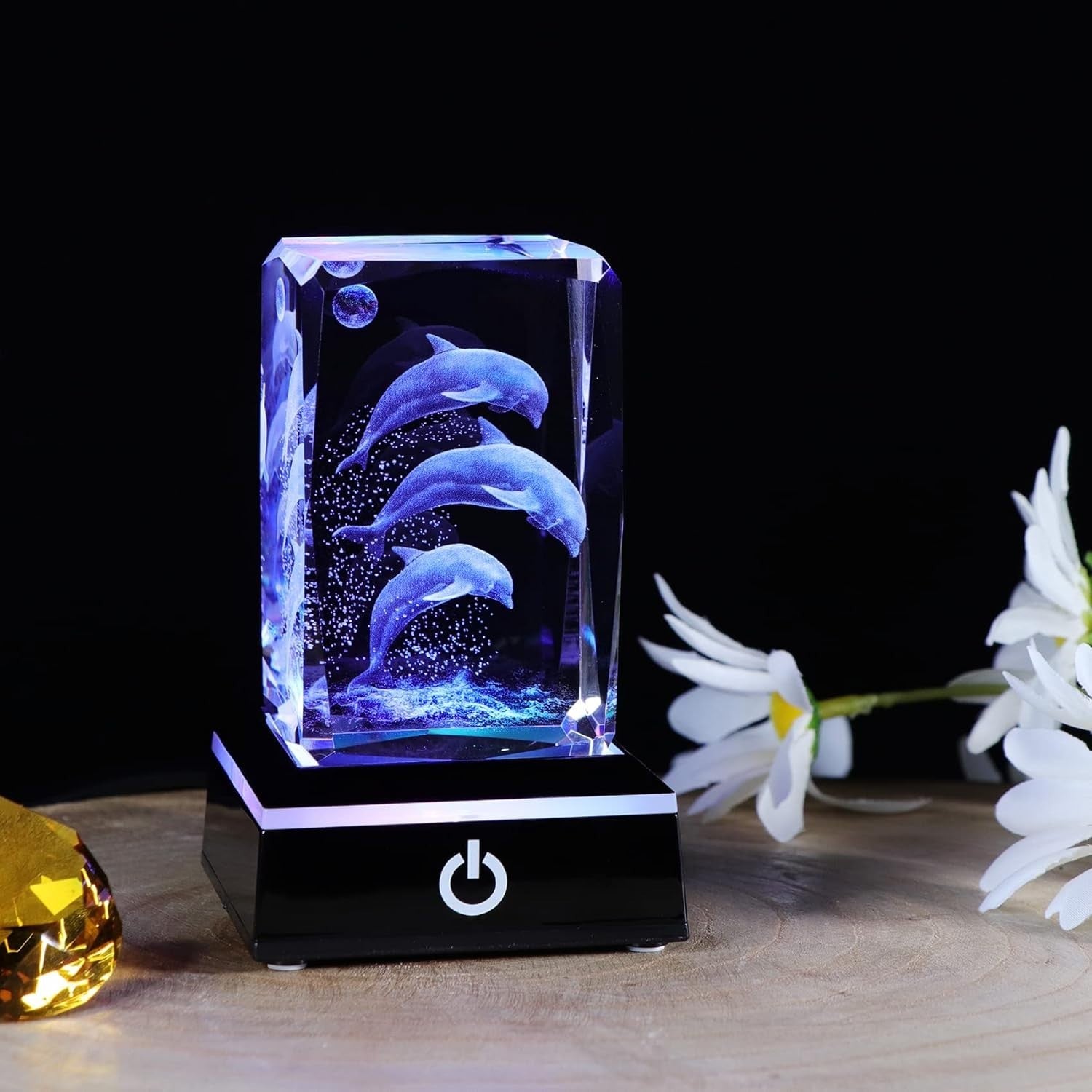 3D Crystal Dolphin Figurine with LED Base • Engraved Glass Ornament Gift Decor