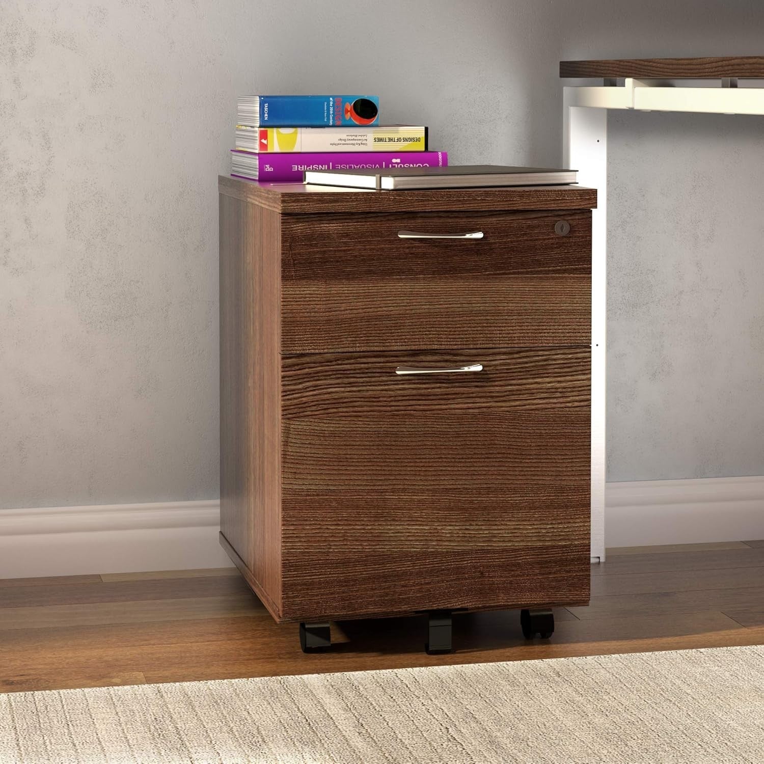 Lockable 2 Drawer Mobile Filing Cabinet Pedestal Office Storage Dark Walnut