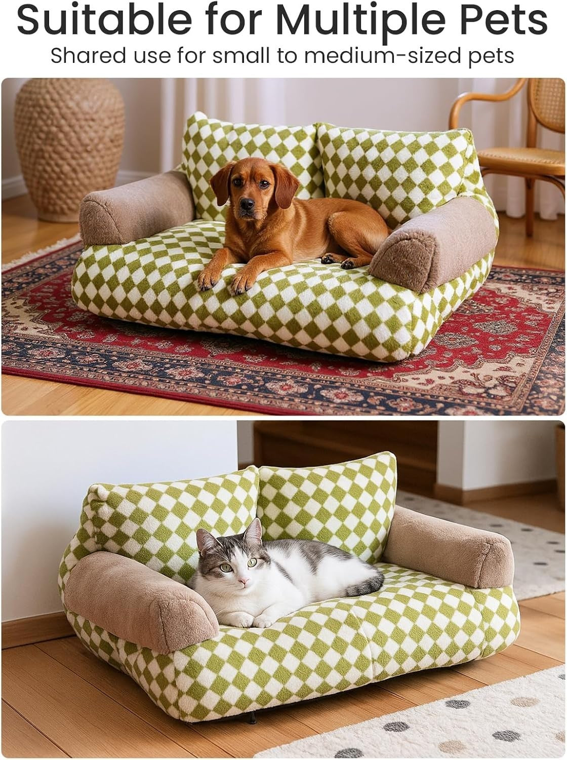 Fluffy Cat Sofa Bed Plush Pet Couch Removable Washable Cover Green