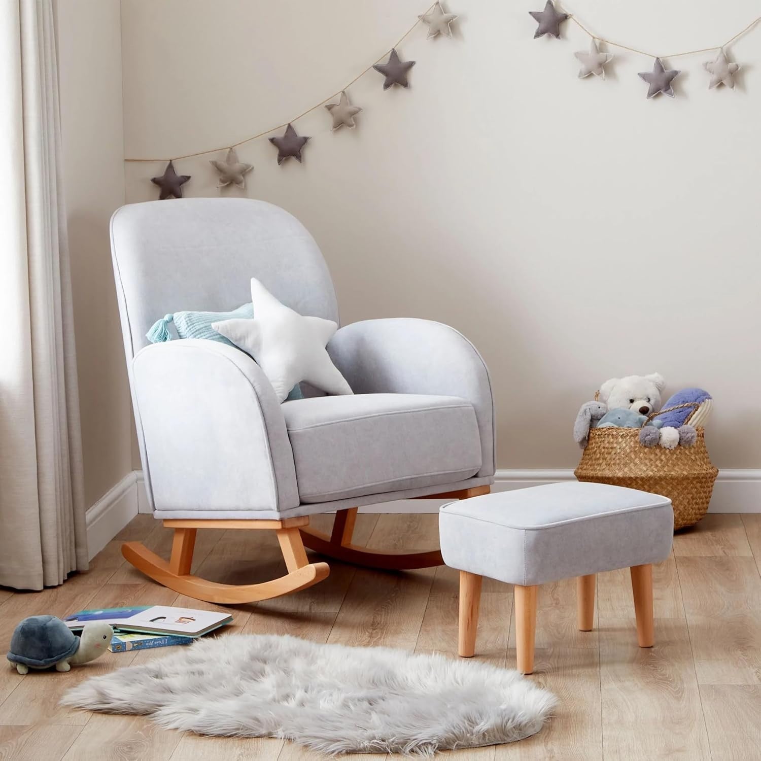 Nursing Rocking Chair & Footstool Grey | Soft Fabric, Wood Base, Comfy