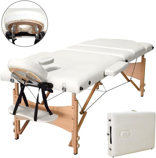 Portable 3 Section Massage Table Foldable Beauty Therapy Bed 60cm Beige White