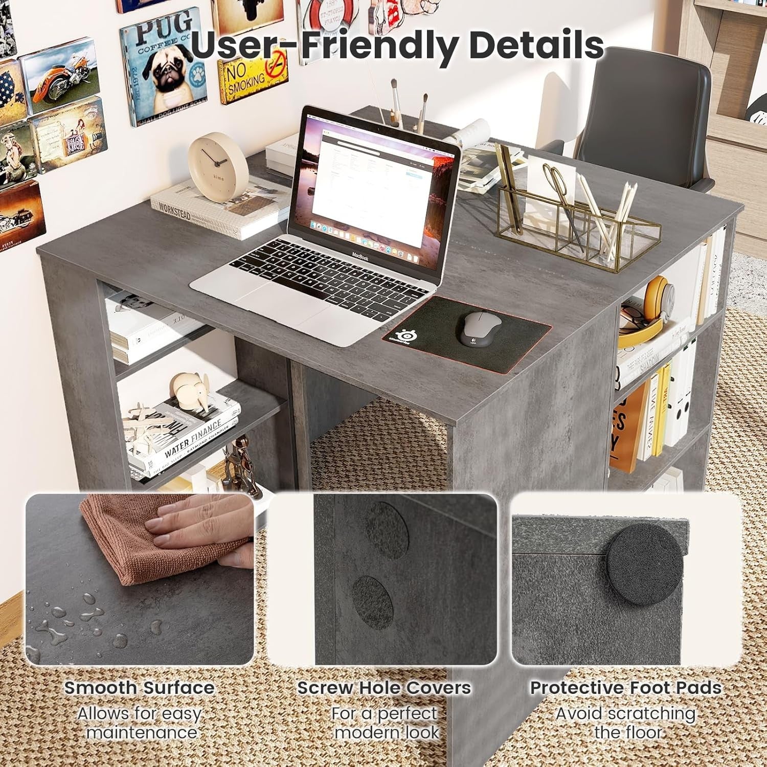 Compact Computer Desk with Bookshelf Small Space Home Office Laptop Table Grey