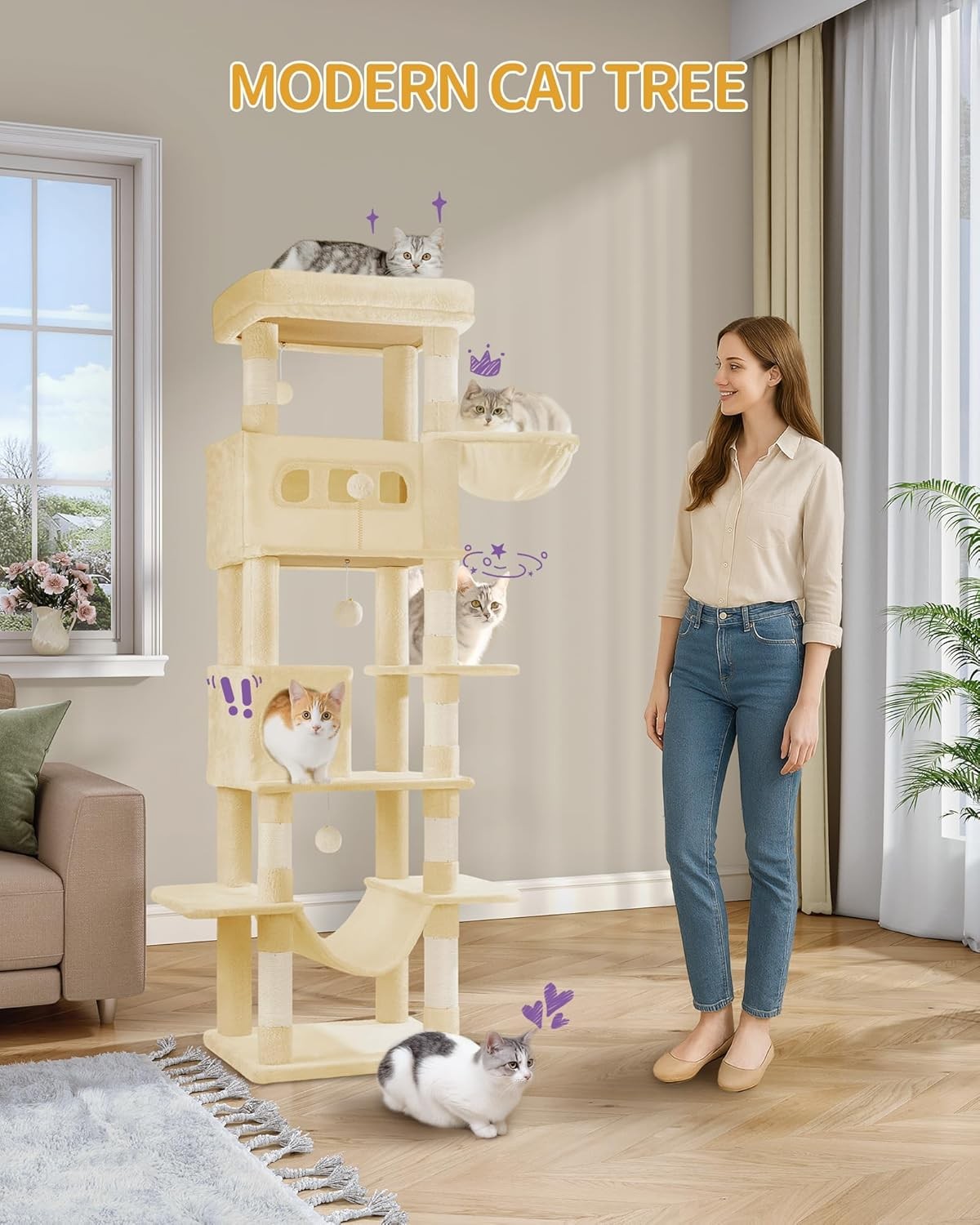 Large Cat Tree 170cm Multi Level Tower with Condo Hammock Scratch Posts