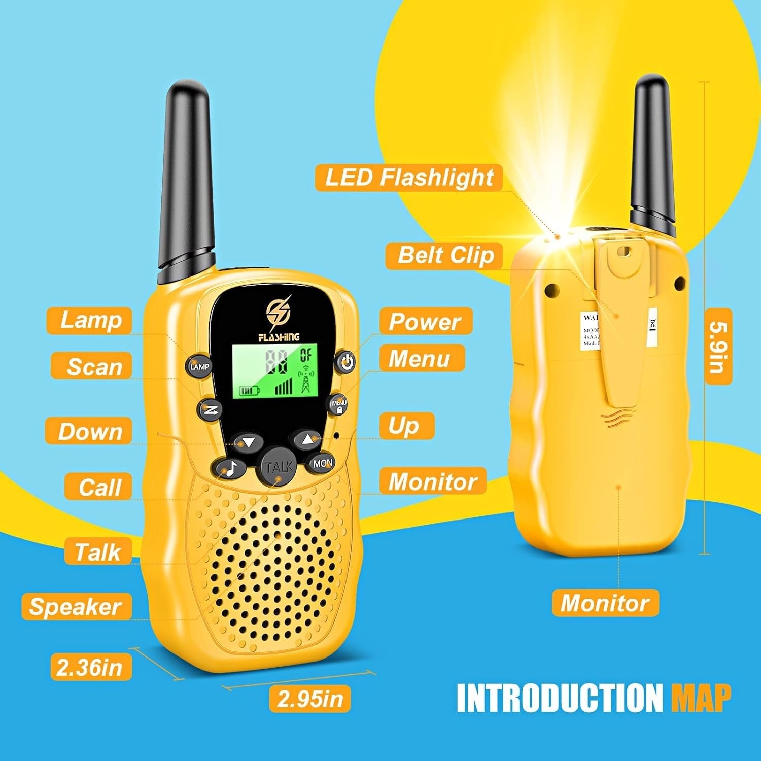 Kids Walkie Talkies Yellow 2 Pack 8 Channel Long Range Outdoor Toy Radios