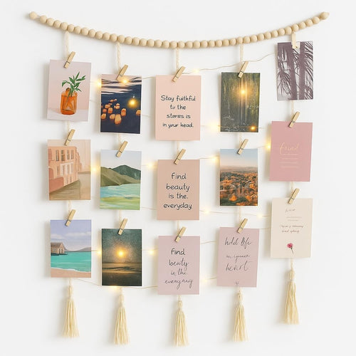 Boho Macrame Photo Display with Fairy Lights 30 Clips White