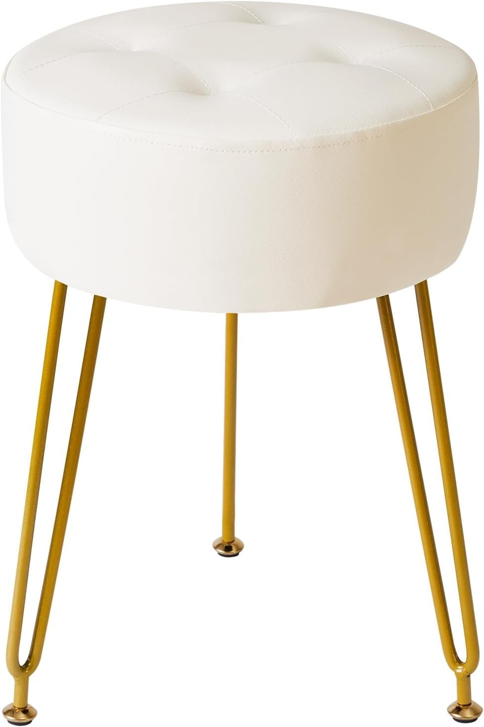 White PU Round Footrest Stool – Velvet-Look Vanity Seat with Gold Legs