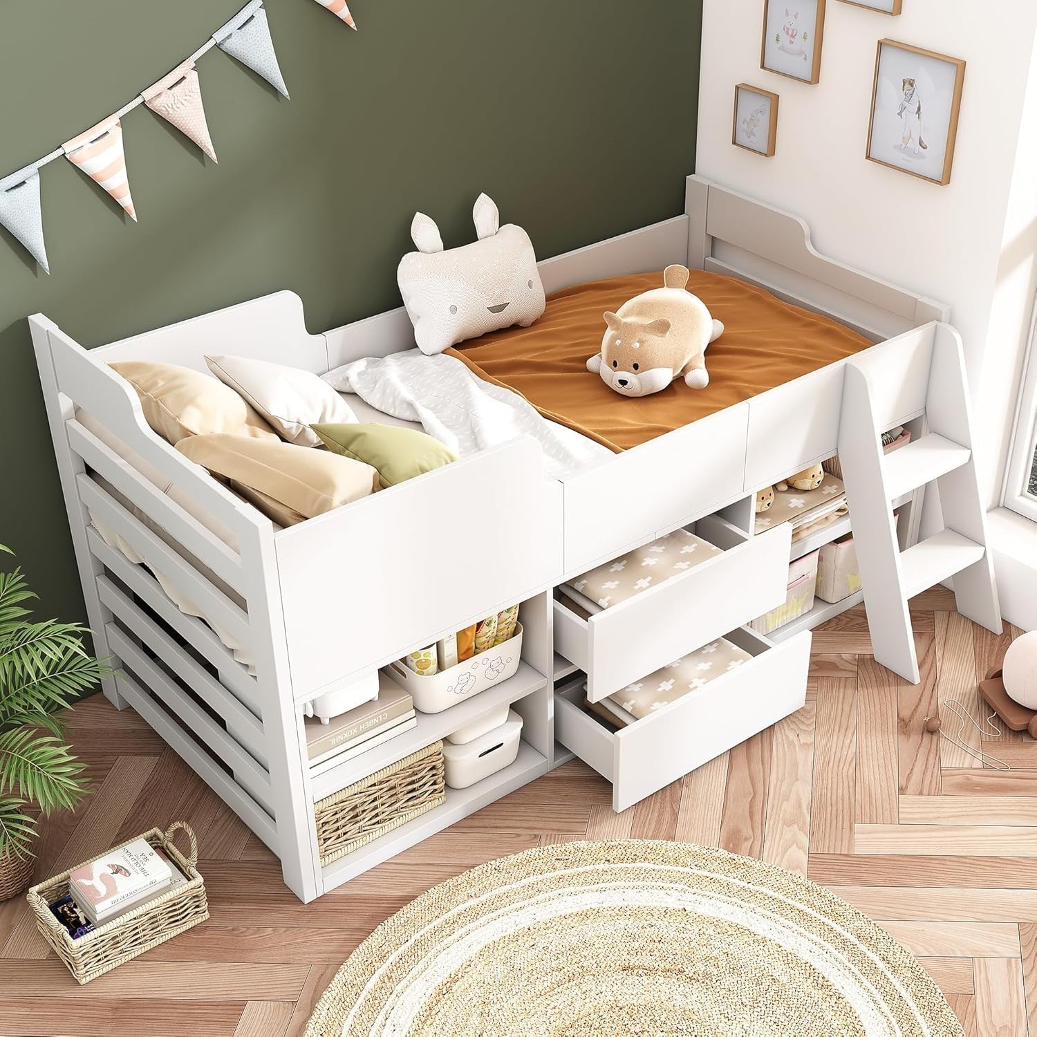 Kids White Cabin Bed with Storage Drawers Shelves | 3FT Single 190x90cm