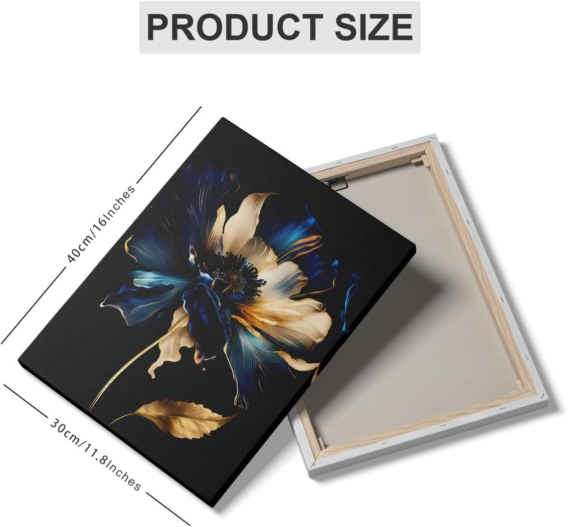 Blue Gold Floral Wall Art Set of 3 Framed Canvas 12x16in