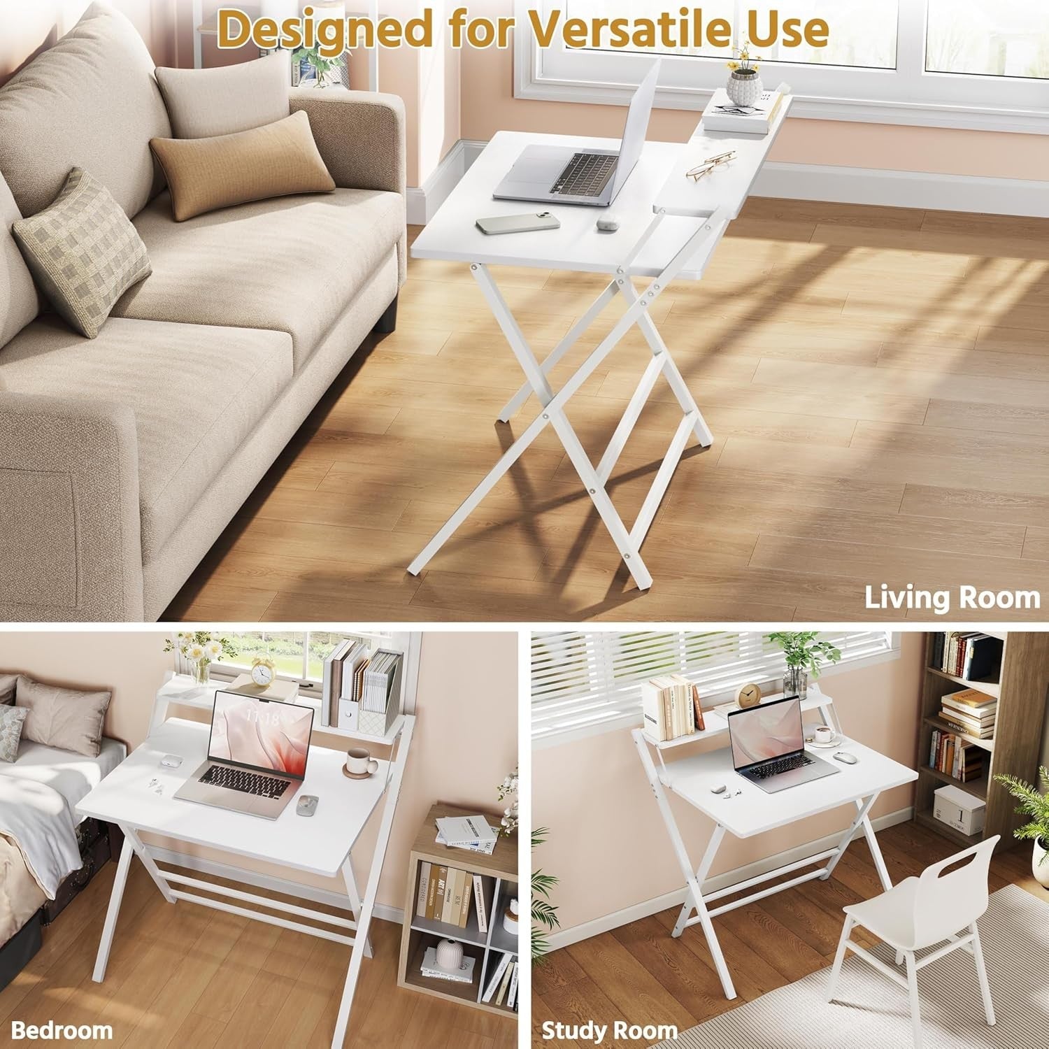 Foldable Computer Desk Small Space with Monitor Stand 80cm White
