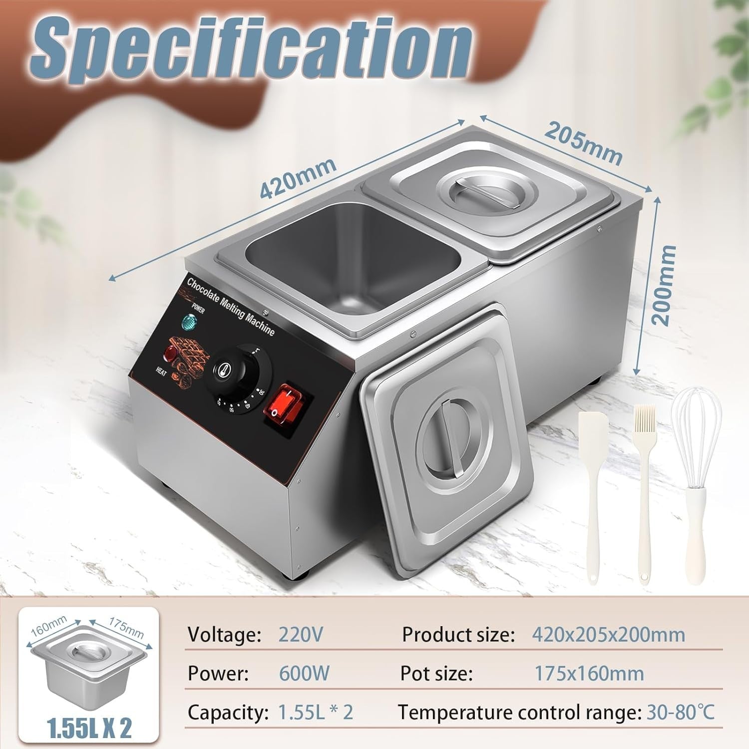 Commercial Chocolate Tempering Machine 2 Tank Stainless Steel 600W