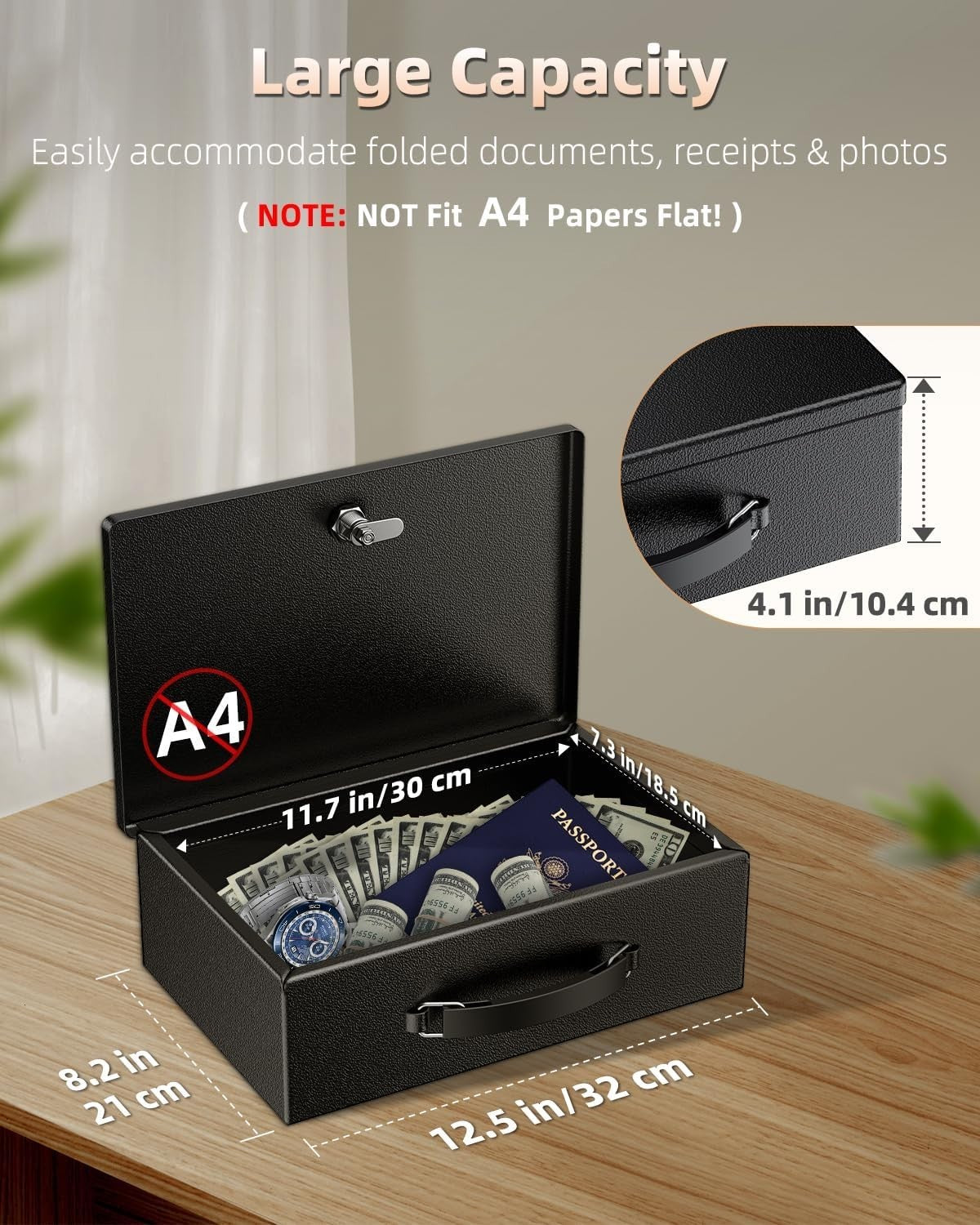 Fireproof Document Box Key Lock Water Resistant Cash Passport Chest
