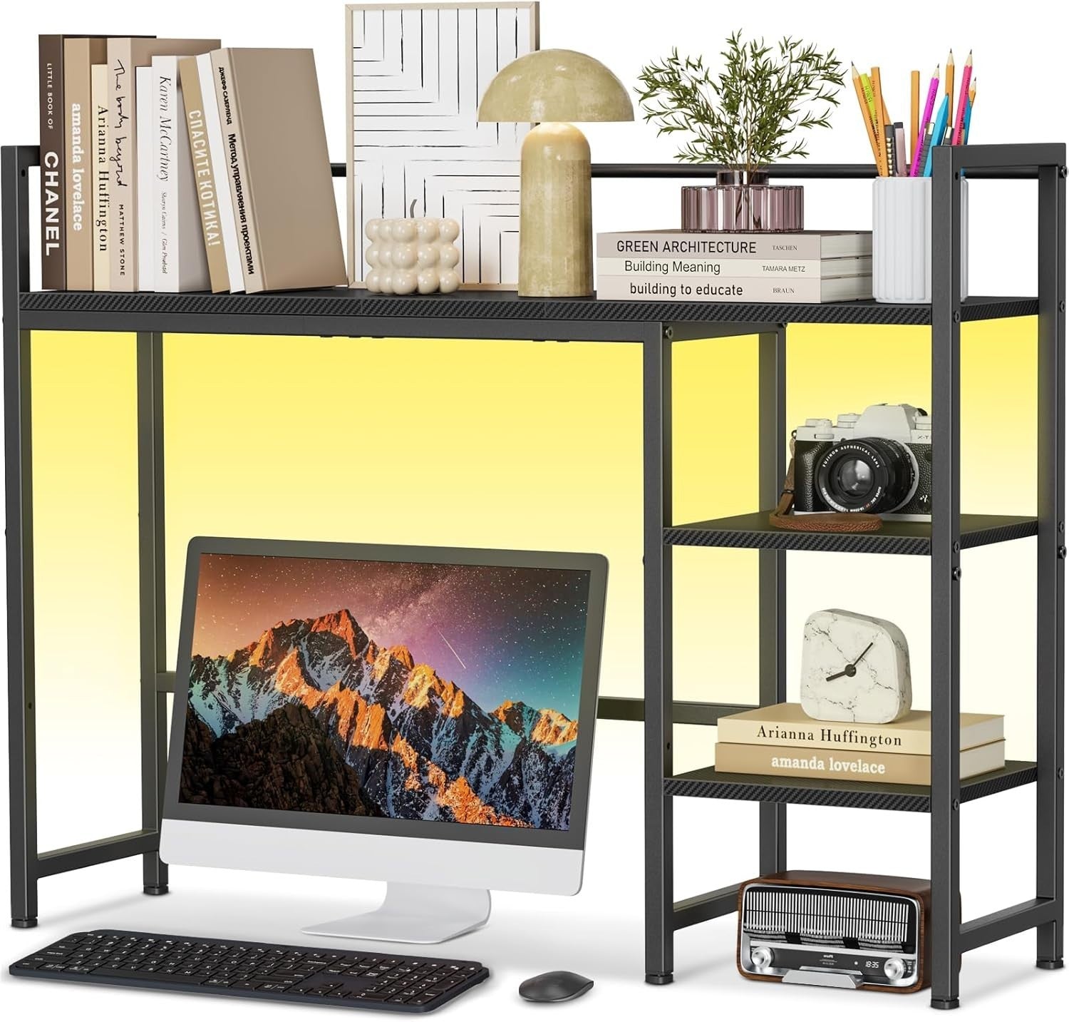 38.6" Desk Hutch Shelf with LED Strip | 4-Tier Desktop Organizer Rack